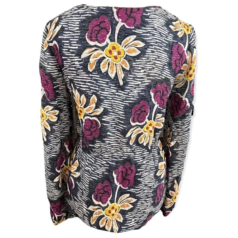 Tory Burch Silk Navy/White/ Purple Floral Peplum Style Blouse Small